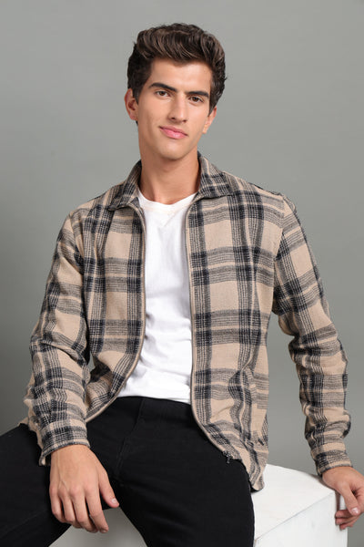 IDENTITI Men Slim Fit Regular Collar Checkes Jacket In Beige.