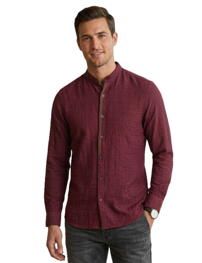 IDENTITI Men Slim Fit Mandarin Collar Solid Shirt In Wine.