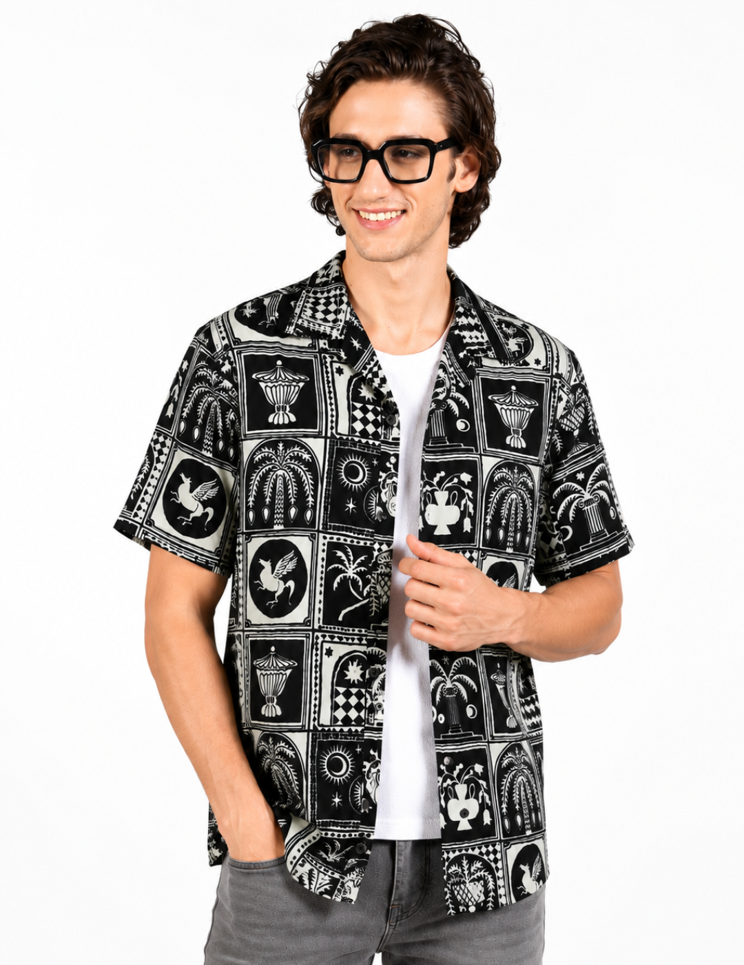 IDENTITI Men Slim Fit Cuban Collar Printed Shirt In Black.