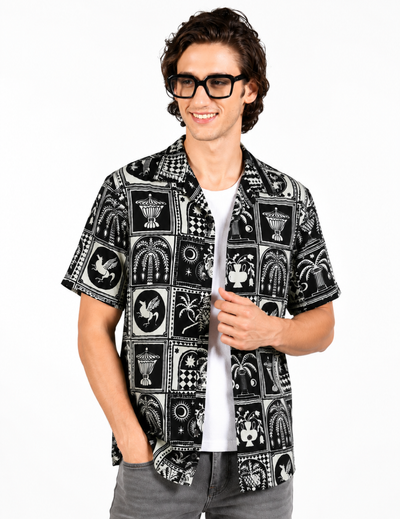 IDENTITI Men Slim Fit Cuban Collar Printed Shirt In Black.
