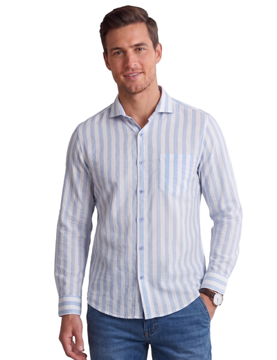 IDENTITI Men Slim Fit Cutaway Collar Striped Shirt In Blue.