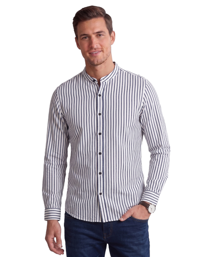 IDENTITI Men Slim Fit Mandarin Collar Striped Shirt In Blue.