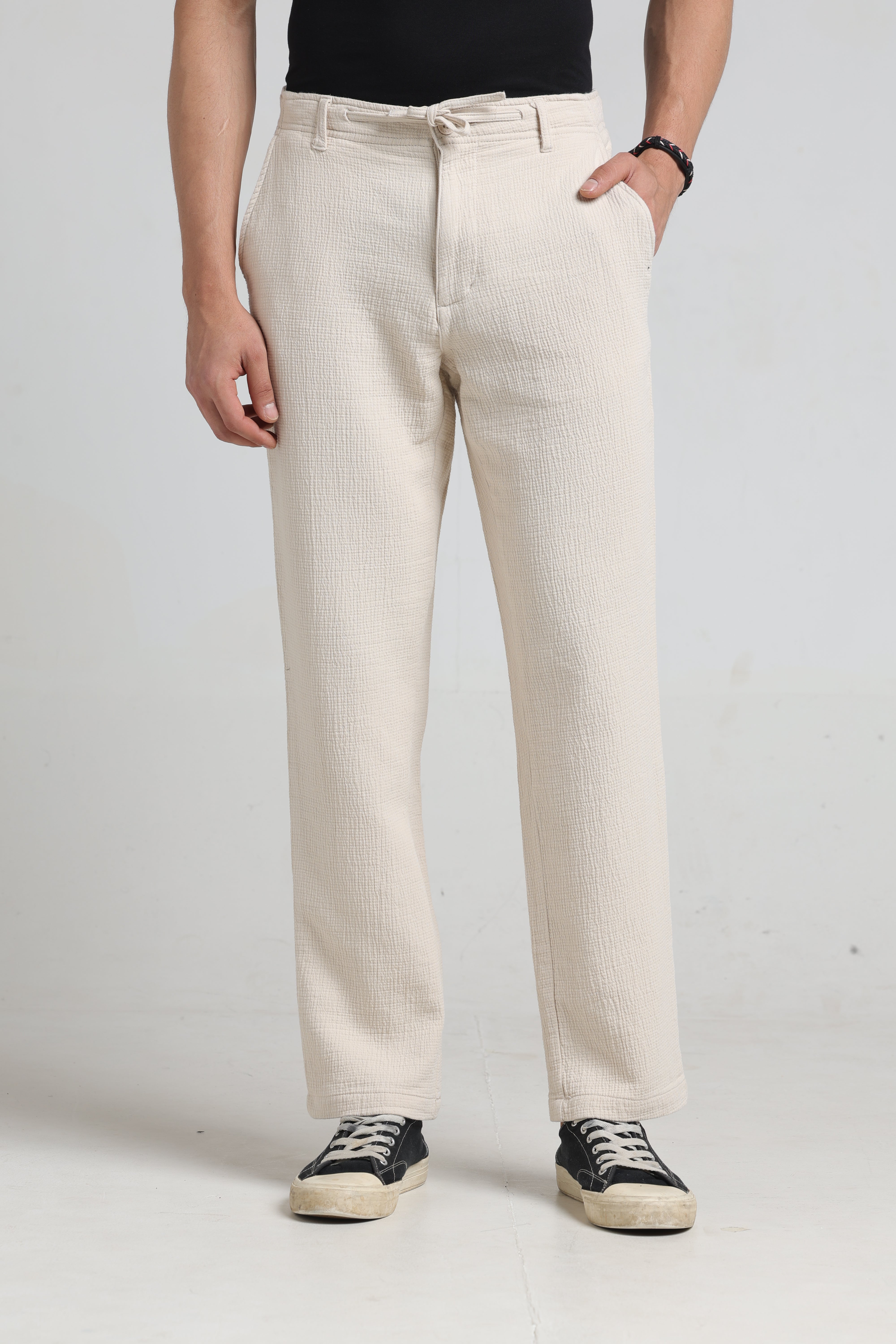 IDENTITI Men Relaxed Fit Non Denim Solid Trouser In Ecru.