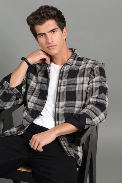 IDENTITI Men Slim Fit Regular Collar Checkes Jacket In Black.
