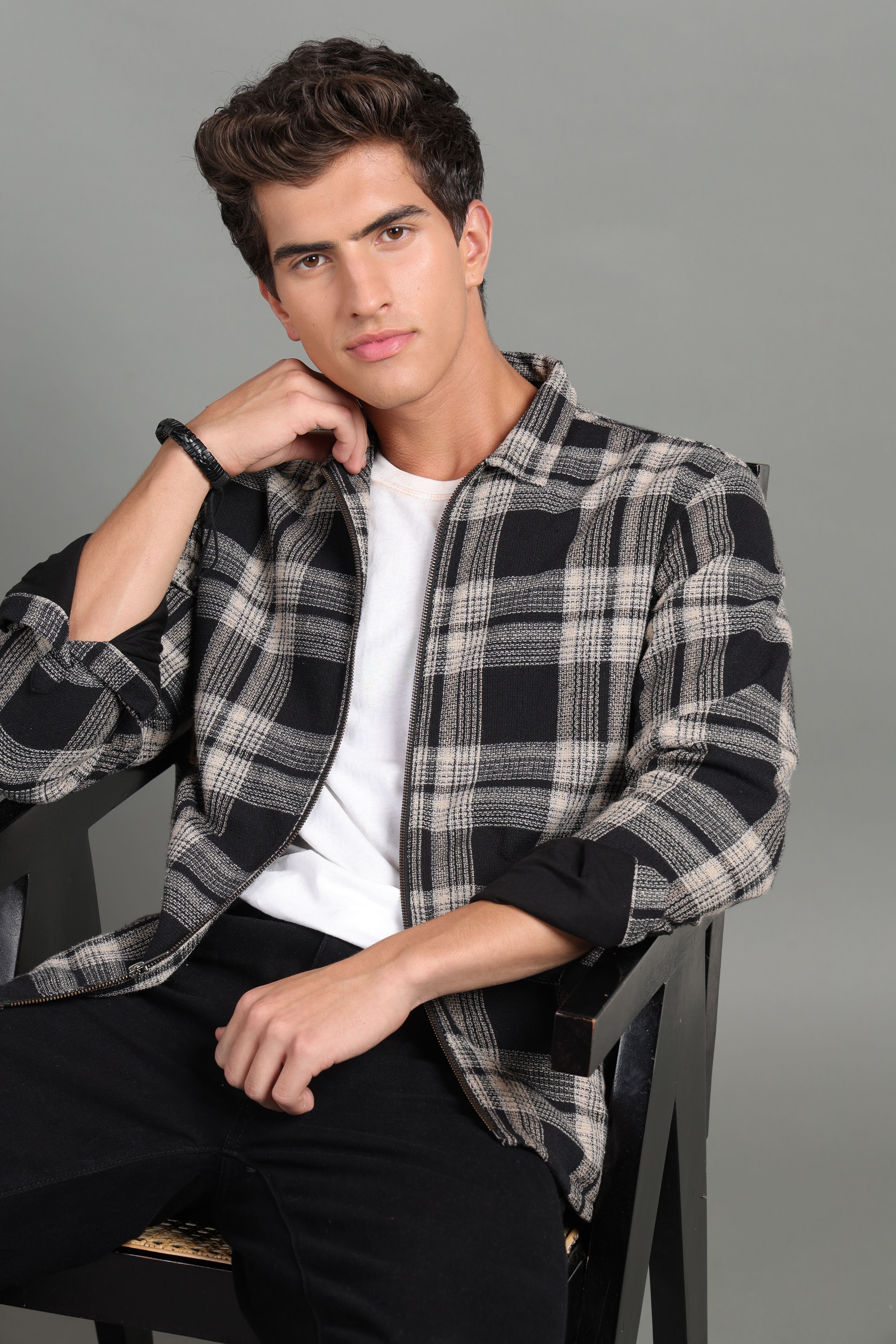 IDENTITI Men Slim Fit Regular Collar Checkes Jacket In Black.