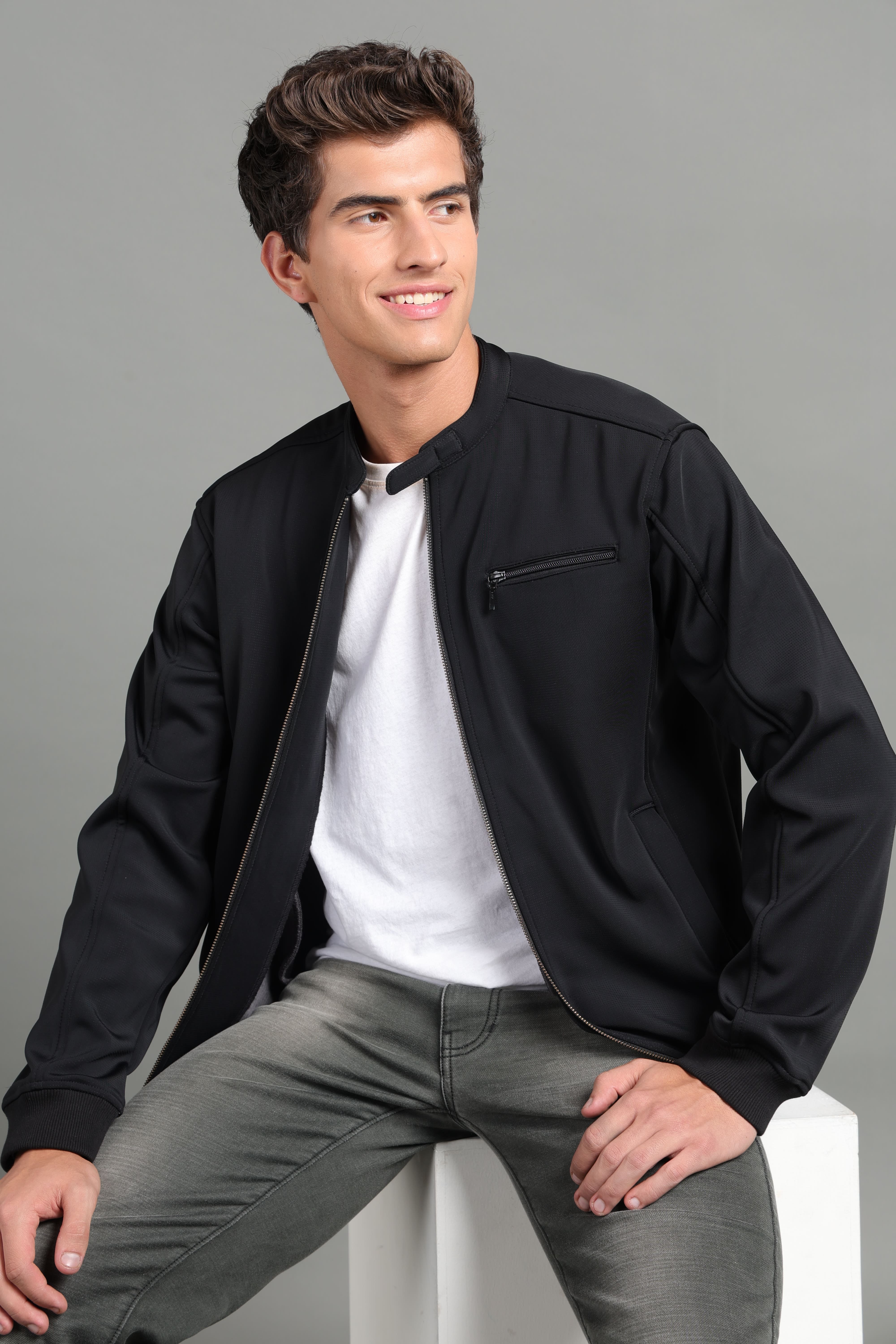 IDENTITI Men Slim Fit Mandarin Collar Solid Jacket In Black.