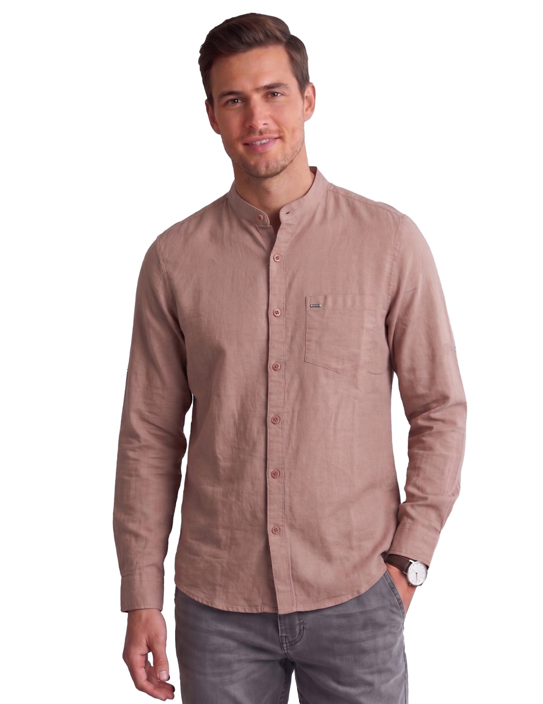 IDENTITI Men Slim Fit Mandarin Collar Solid Shirt In Onion.