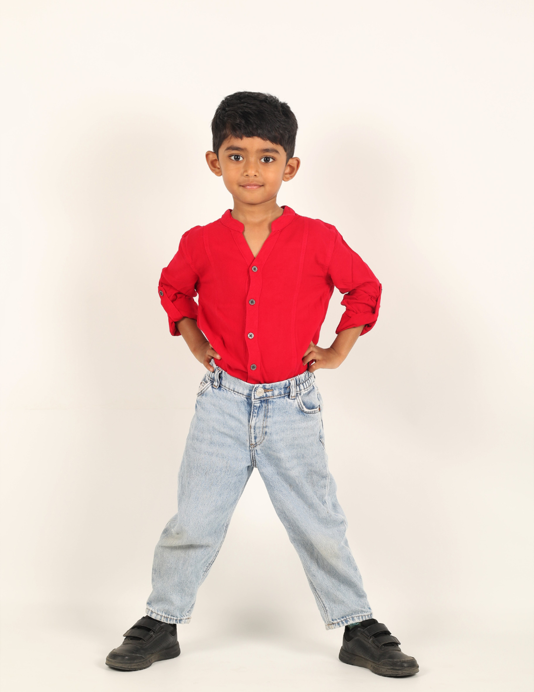 IDENTITI Boys Slim Fit Mandarin Collar Viscose Solid Shirt In Red.