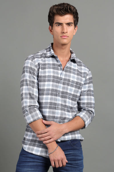 IDENTITI Men Slim Fit Regular Collar Checks Shirt In Grey Melange.