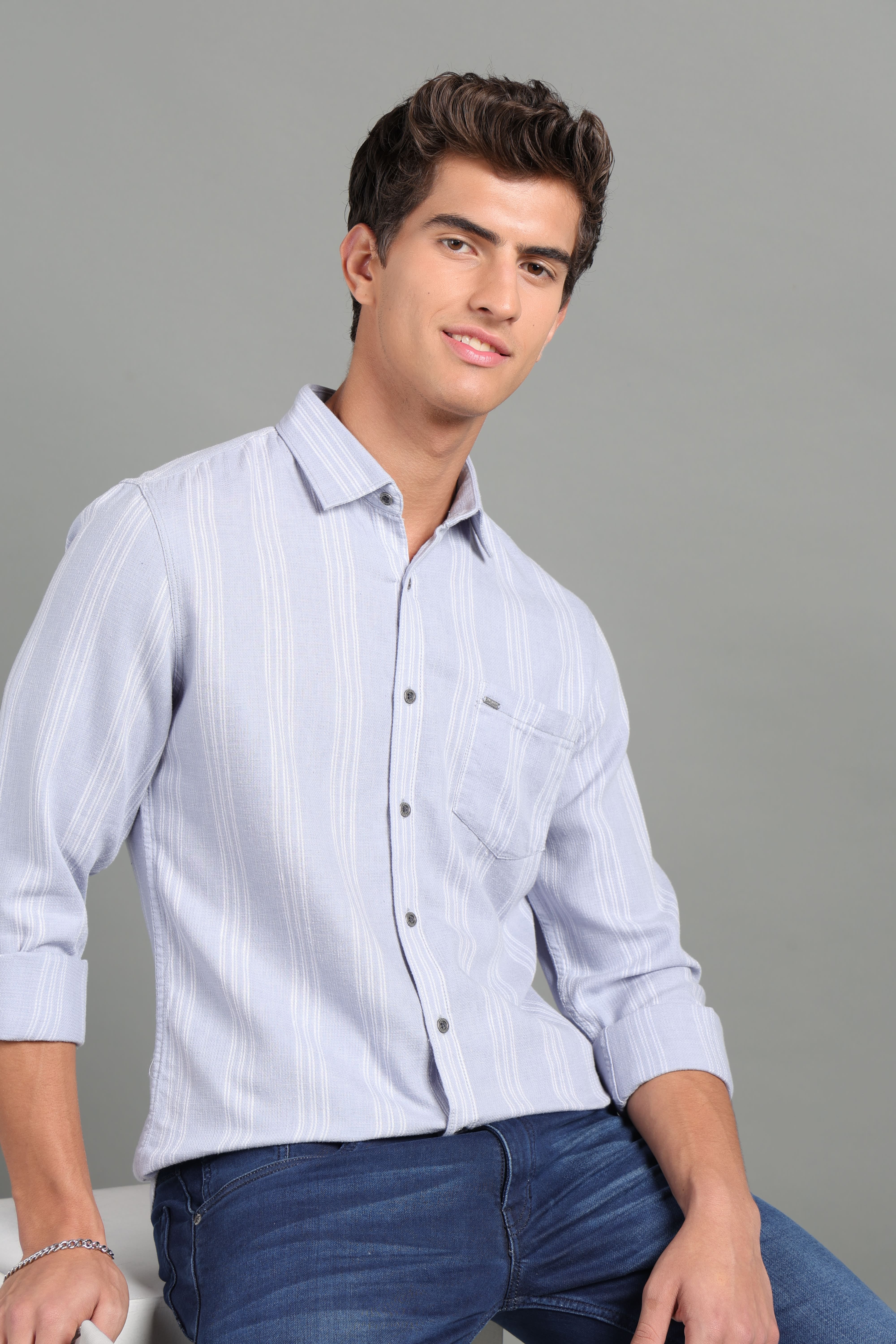 IDENTITI Men Slim Fit Regular Collar Striped Shirt In Grey.