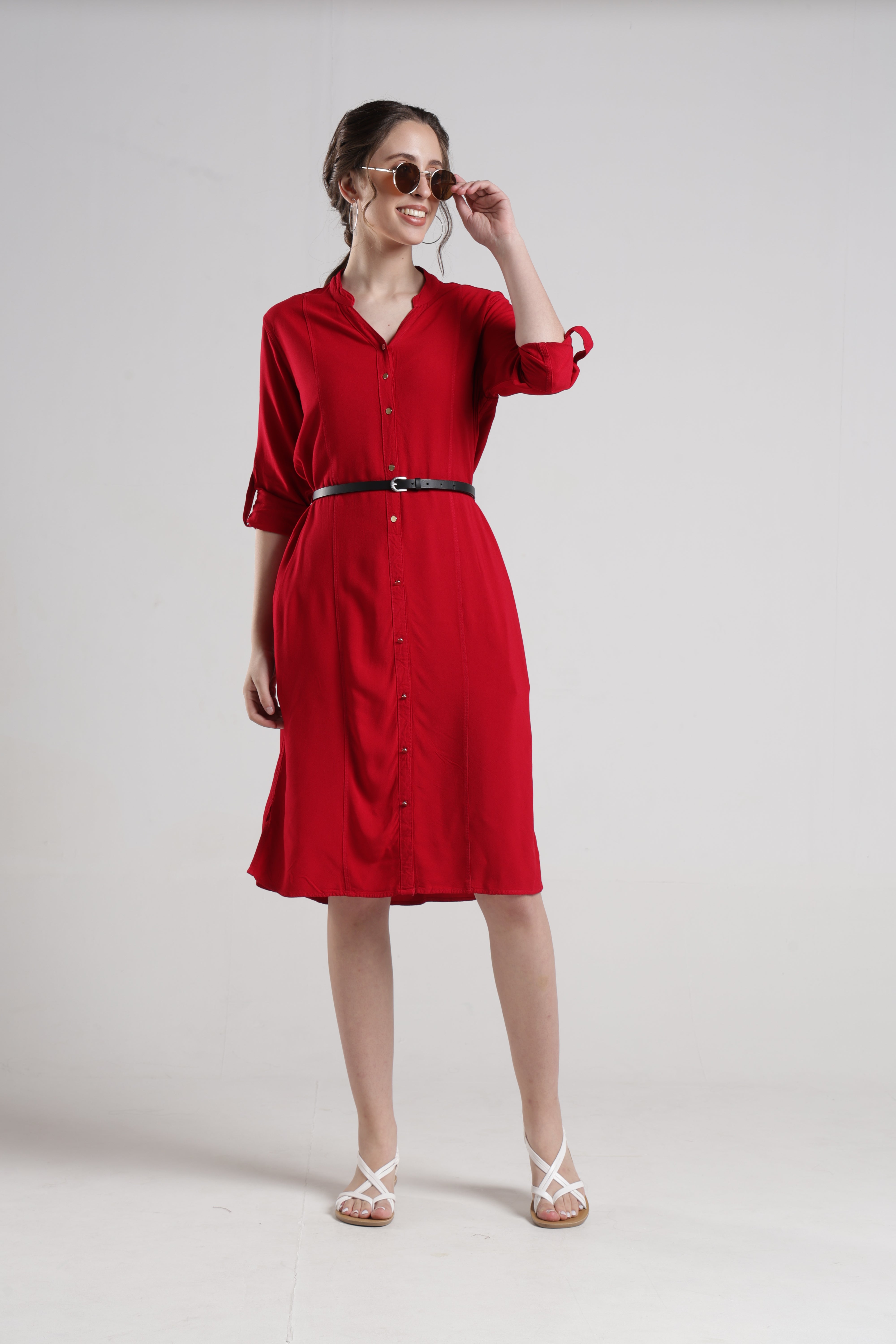 Identiti Women Indo Western Solid Dress - Red