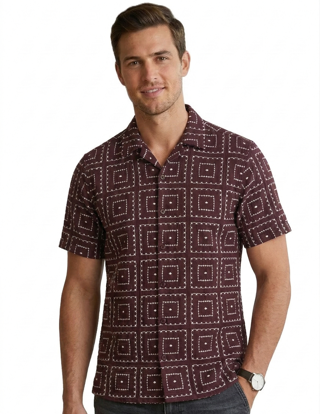 IDENTITI Men Slim Fit Lapel Collar Jacquard Shirt In Wine.