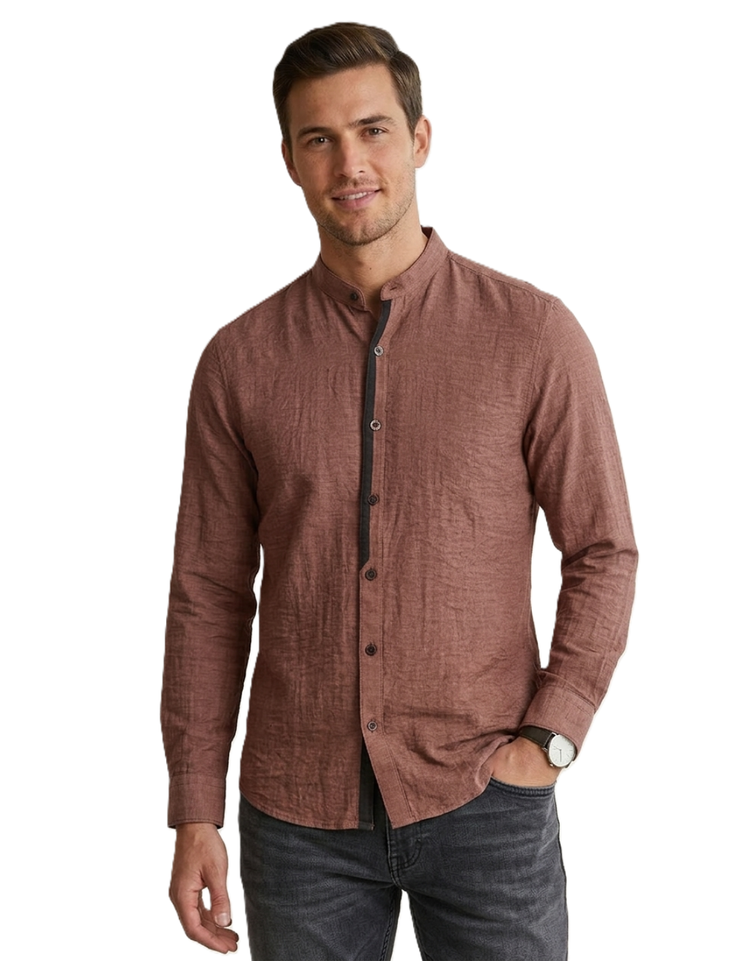 IDENTITI Men Slim Fit Mandarin Collar Solid Shirt In Onion.