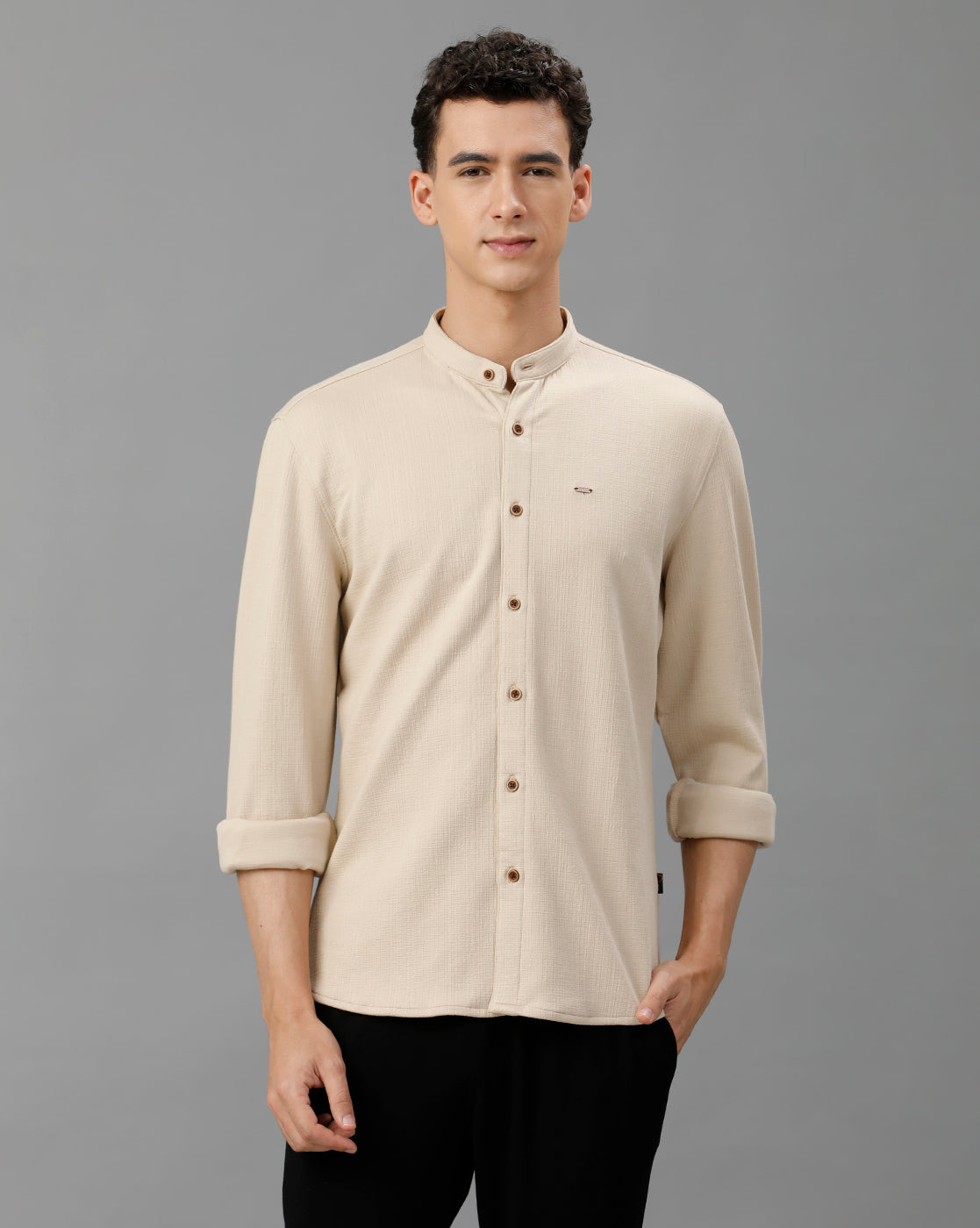 IDENTITI Men Slim Fit Mandarin Collar Solid Knit Shirt In Beige.