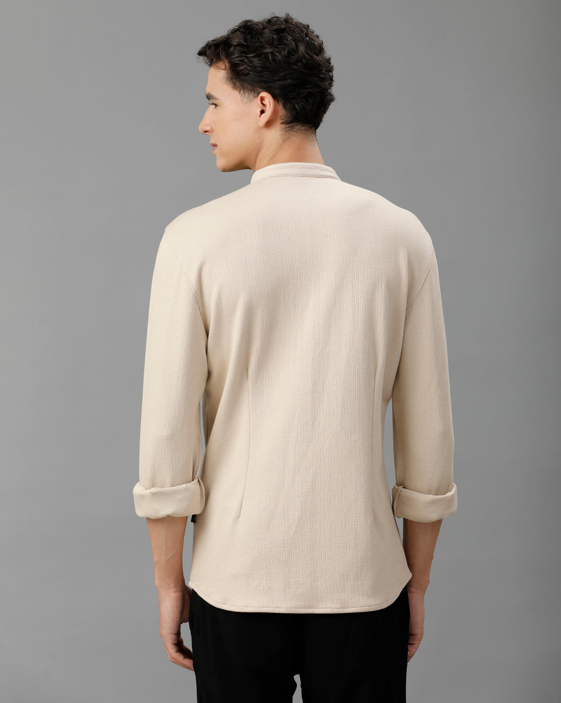 IDENTITI Men Slim Fit Mandarin Collar Solid Knit Shirt In Beige.