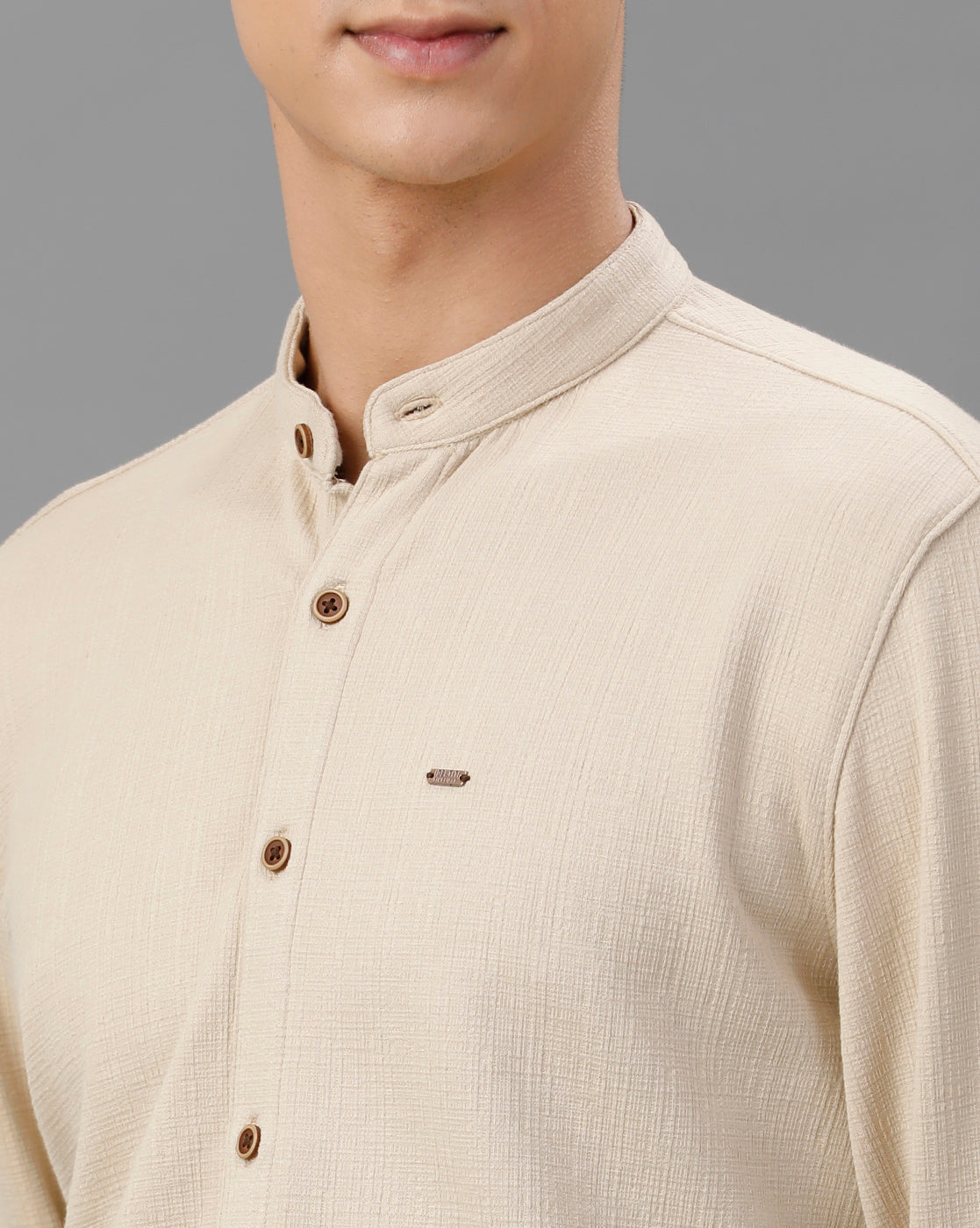 IDENTITI Men Slim Fit Mandarin Collar Solid Knit Shirt In Beige.