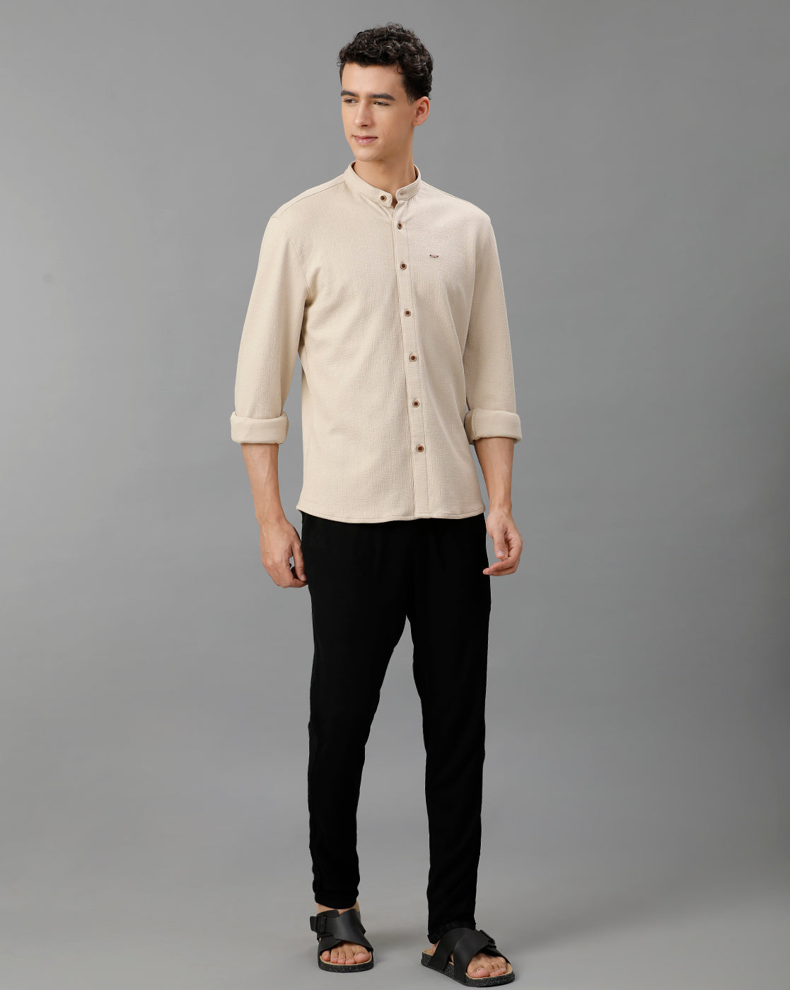 IDENTITI Men Slim Fit Mandarin Collar Solid Knit Shirt In Beige.