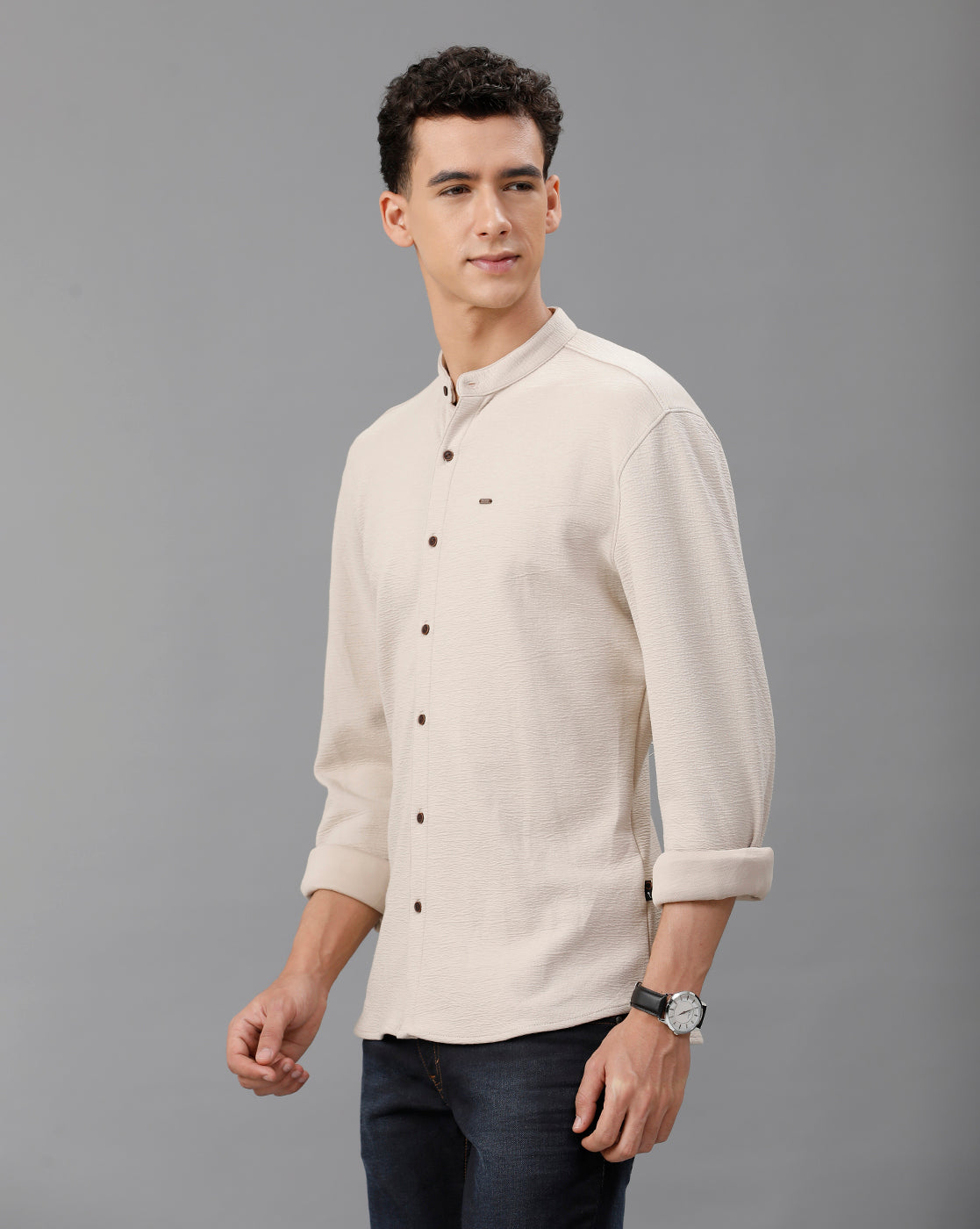 IDENTITI Men Slim Fit Mandarin Collar Solid Knit Shirt In Beige.