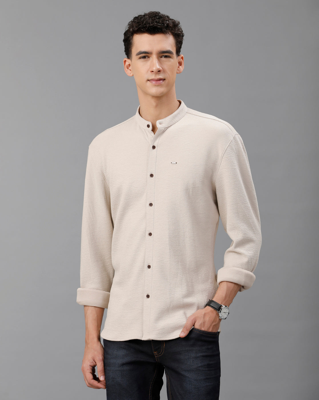 IDENTITI Men Slim Fit Mandarin Collar Solid Knit Shirt In Beige.