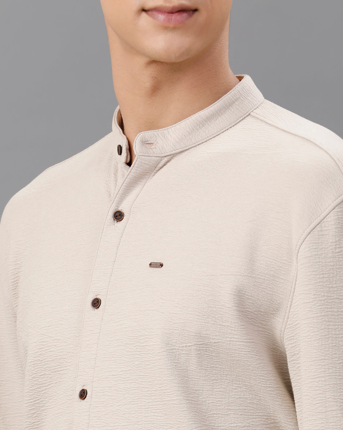 IDENTITI Men Slim Fit Mandarin Collar Solid Knit Shirt In Beige.