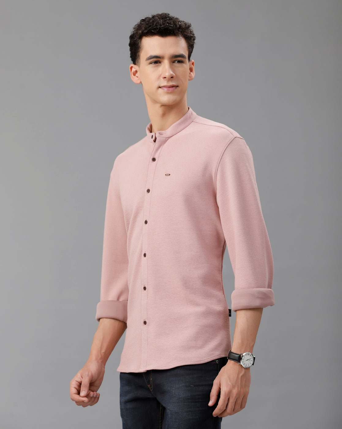 IDENTITI Men Slim Fit Mandarin Collar Solid Knit Shirt In Onion.