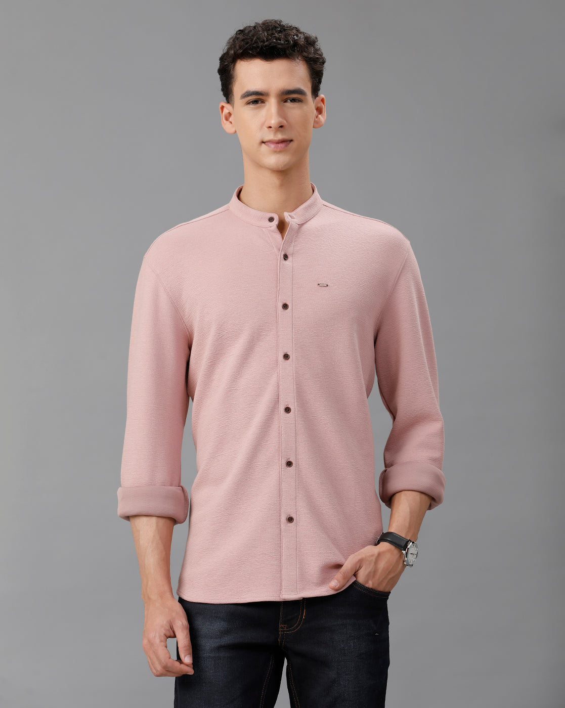 IDENTITI Men Slim Fit Mandarin Collar Solid Knit Shirt In Onion.