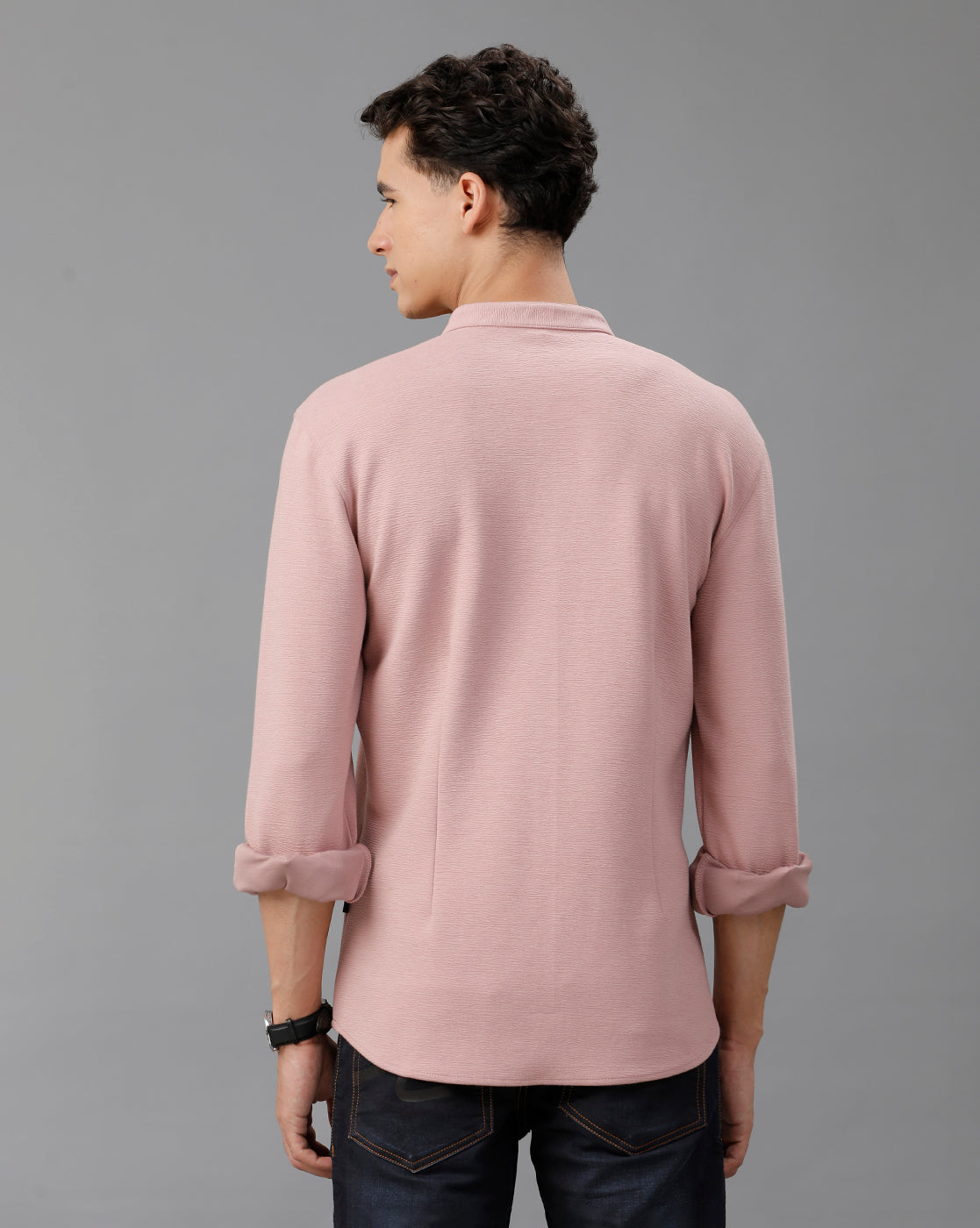 IDENTITI Men Slim Fit Mandarin Collar Solid Knit Shirt In Onion.