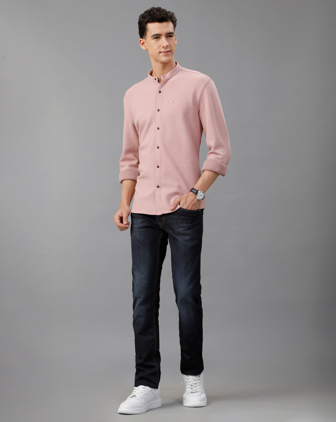 IDENTITI Men Slim Fit Mandarin Collar Solid Knit Shirt In Onion.