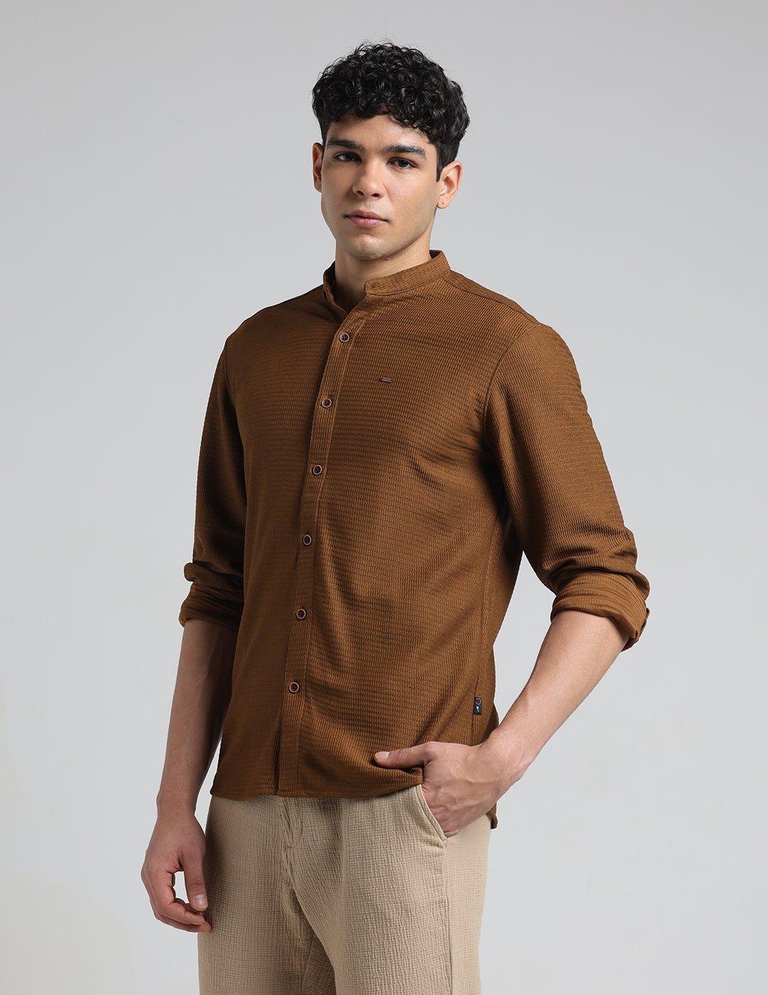 IDENTITI Men Slim Fit Mandarin Collar Solid Shirt In Khaki.