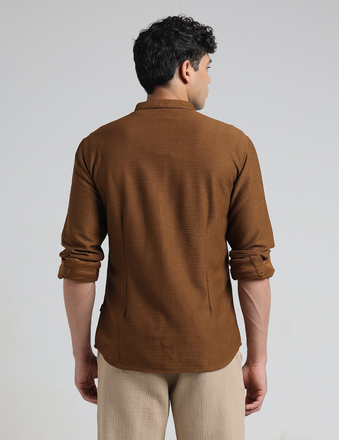 IDENTITI Men Slim Fit Mandarin Collar Solid Shirt In Khaki.