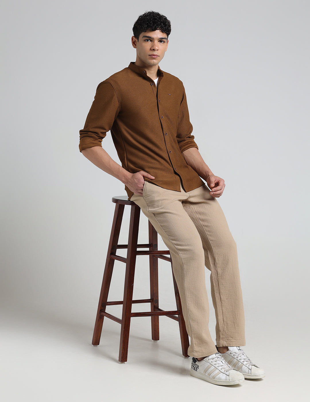 IDENTITI Men Slim Fit Mandarin Collar Solid Shirt In Khaki.