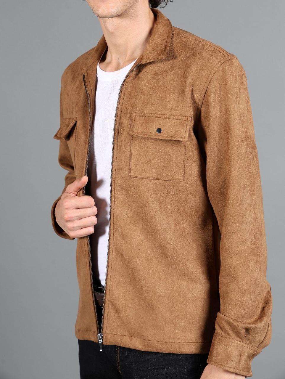 IDENTITI Men Slim Fit Regular Collar Solid Suede Jacket In Khaki