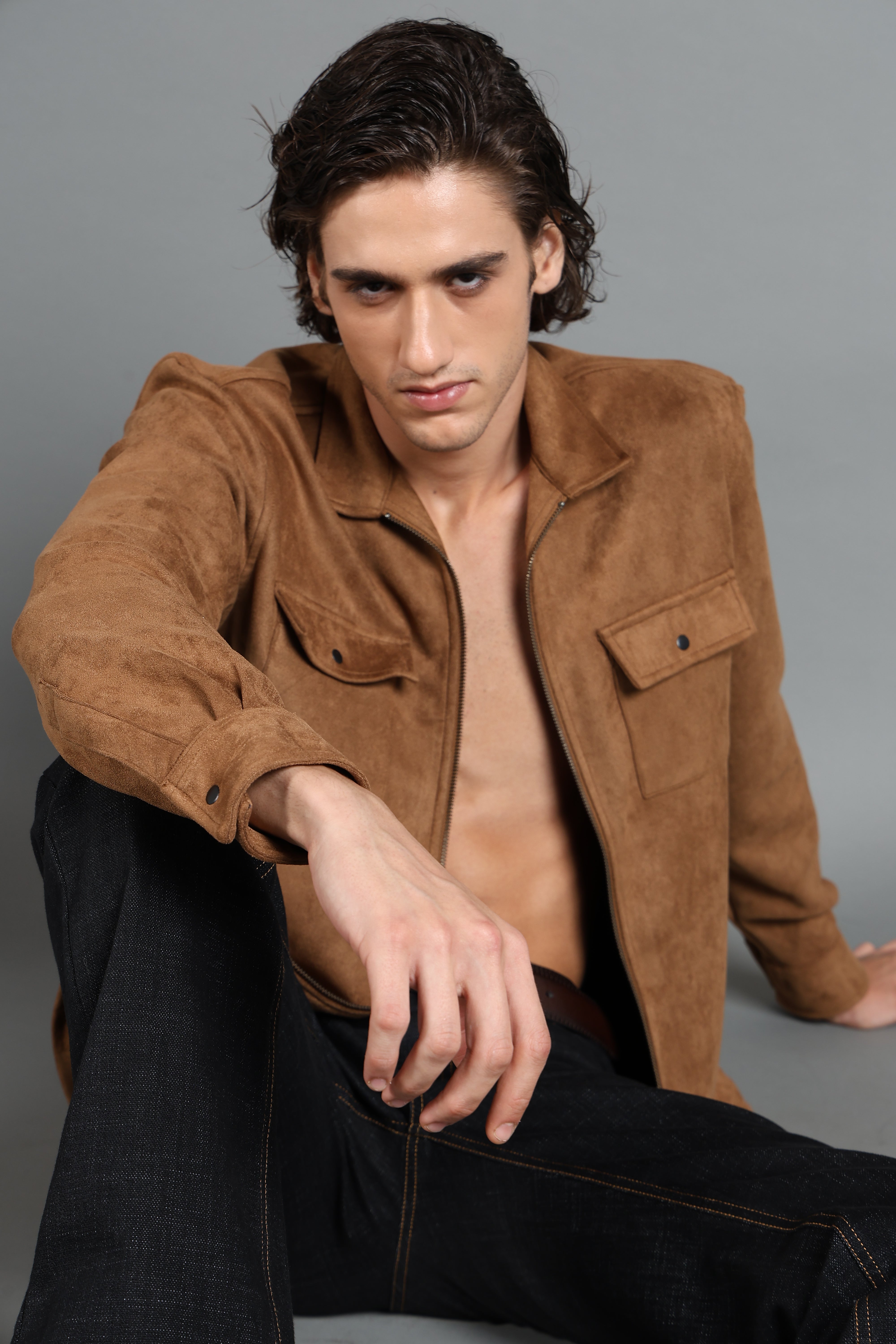 IDENTITI Men Slim Fit Regular Collar Solid Suede Jacket In Khaki