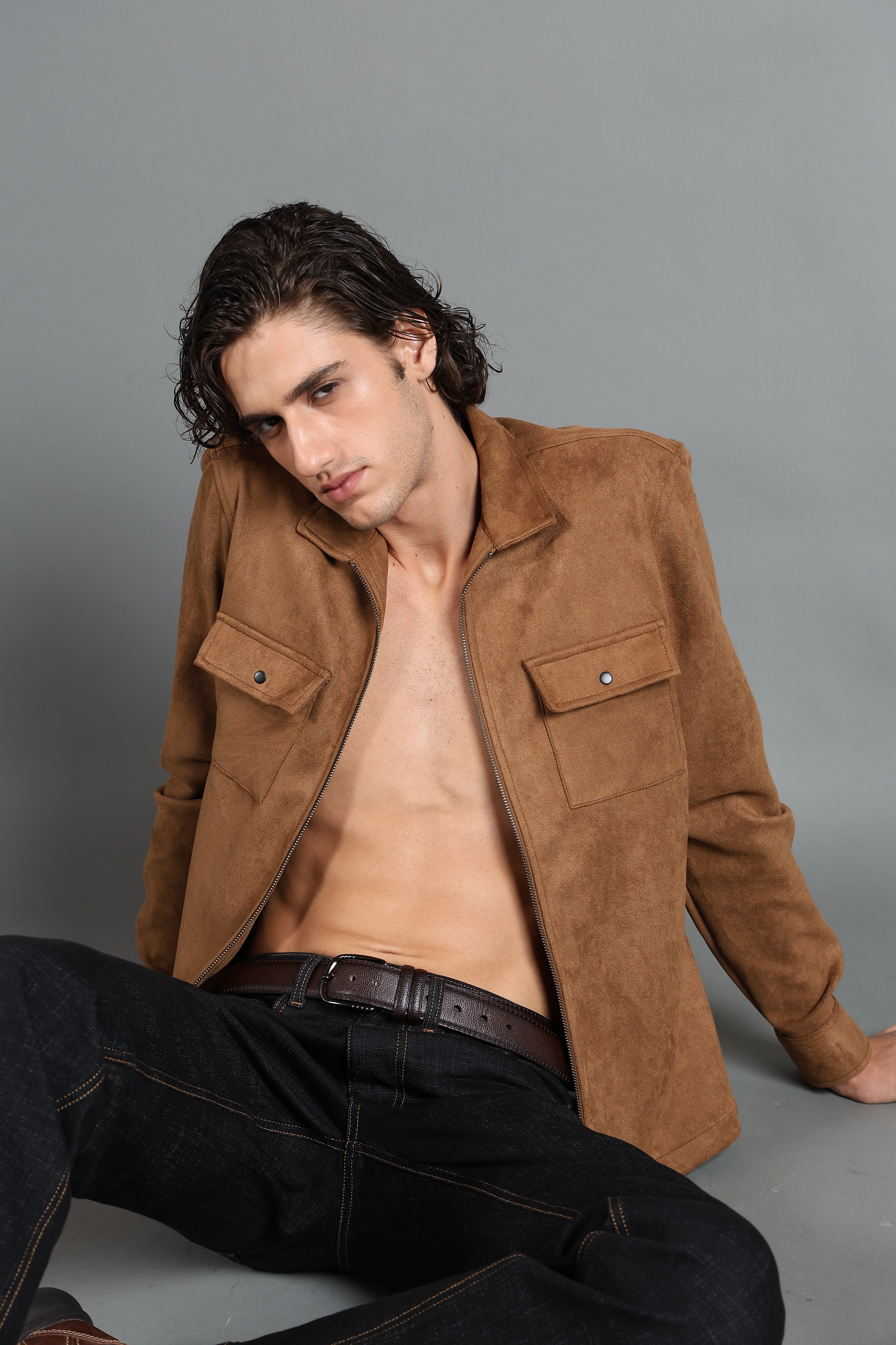 IDENTITI Men Slim Fit Regular Collar Solid Suede Jacket In Khaki