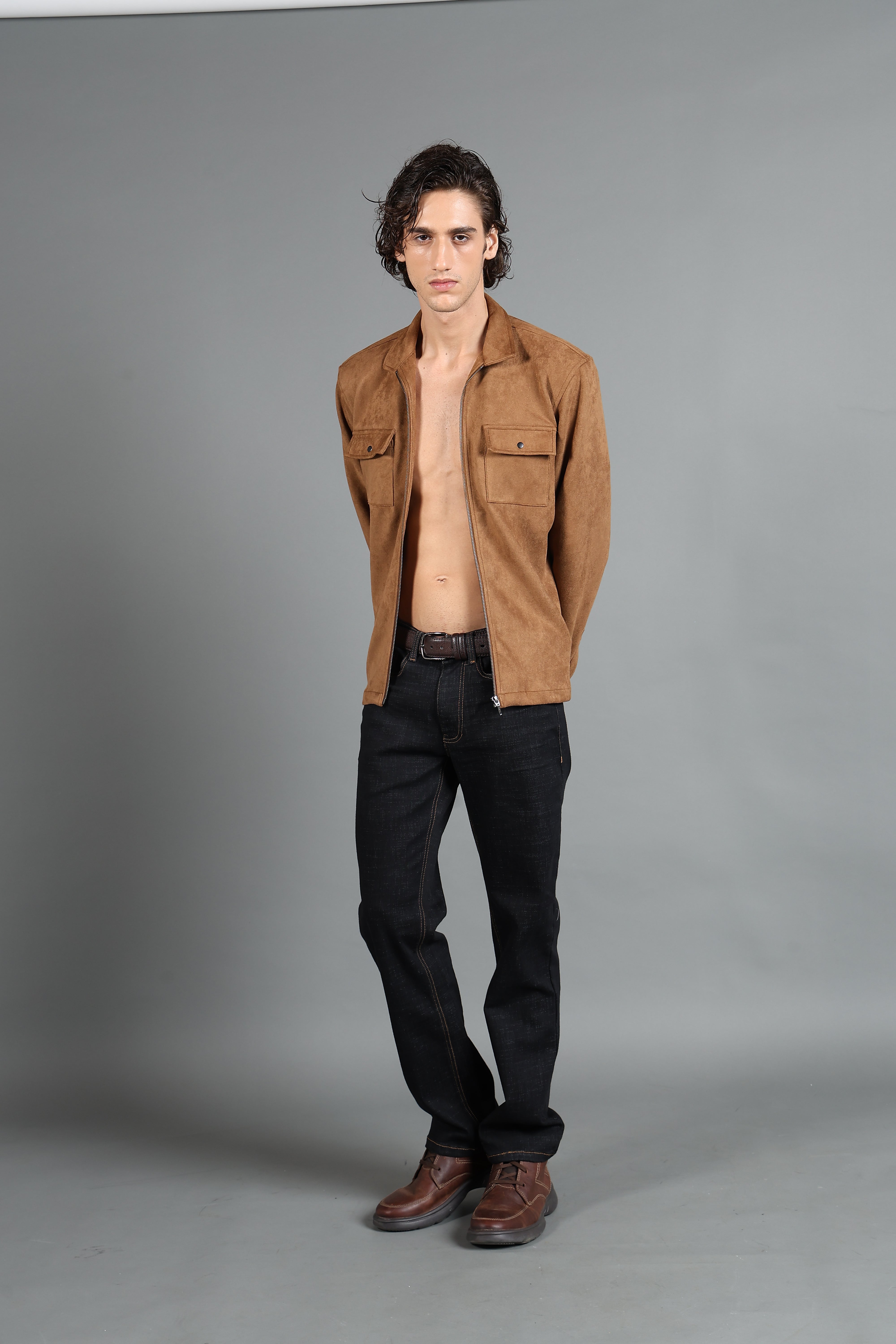 IDENTITI Men Slim Fit Regular Collar Solid Suede Jacket In Khaki