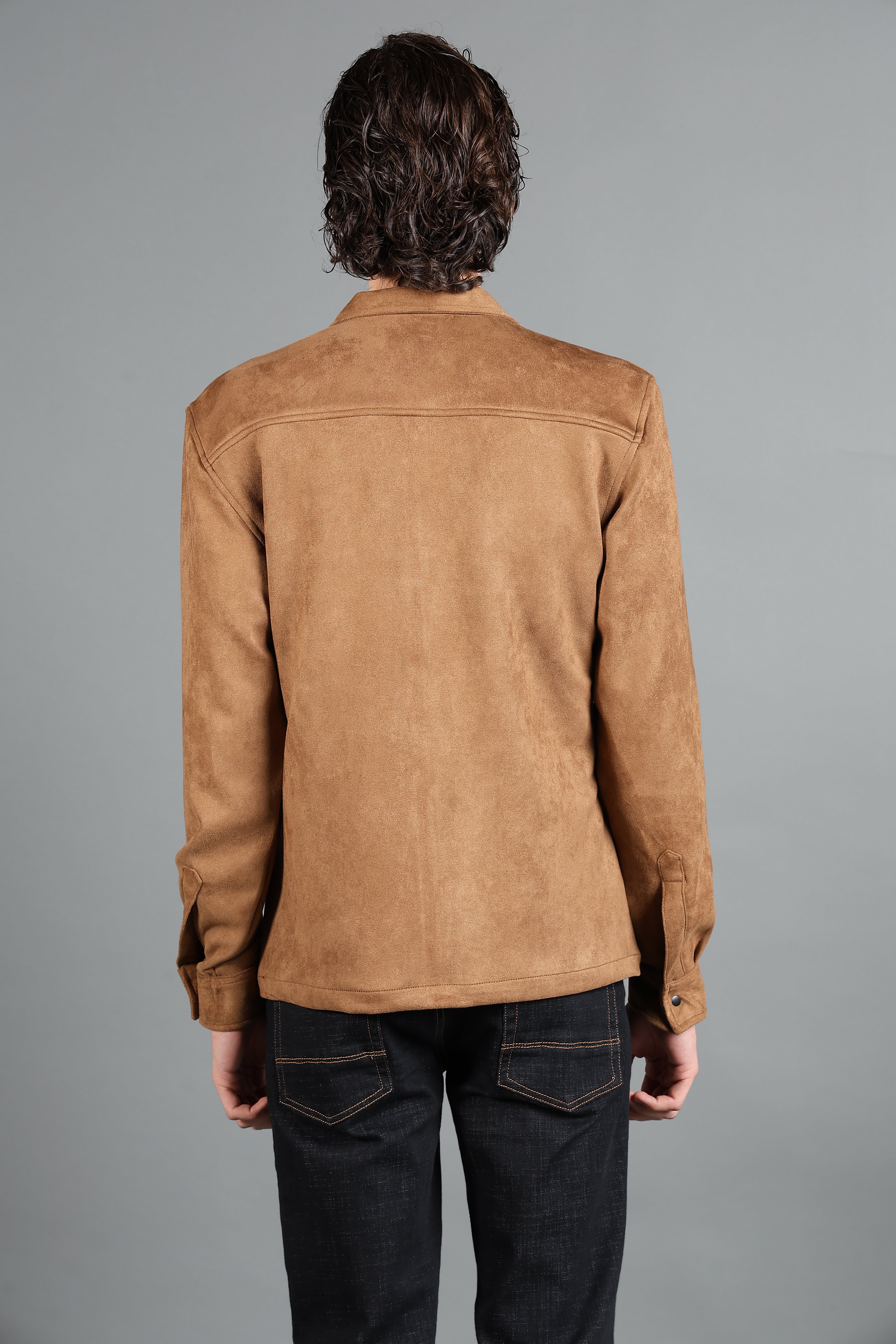 IDENTITI Men Slim Fit Regular Collar Solid Suede Jacket In Khaki