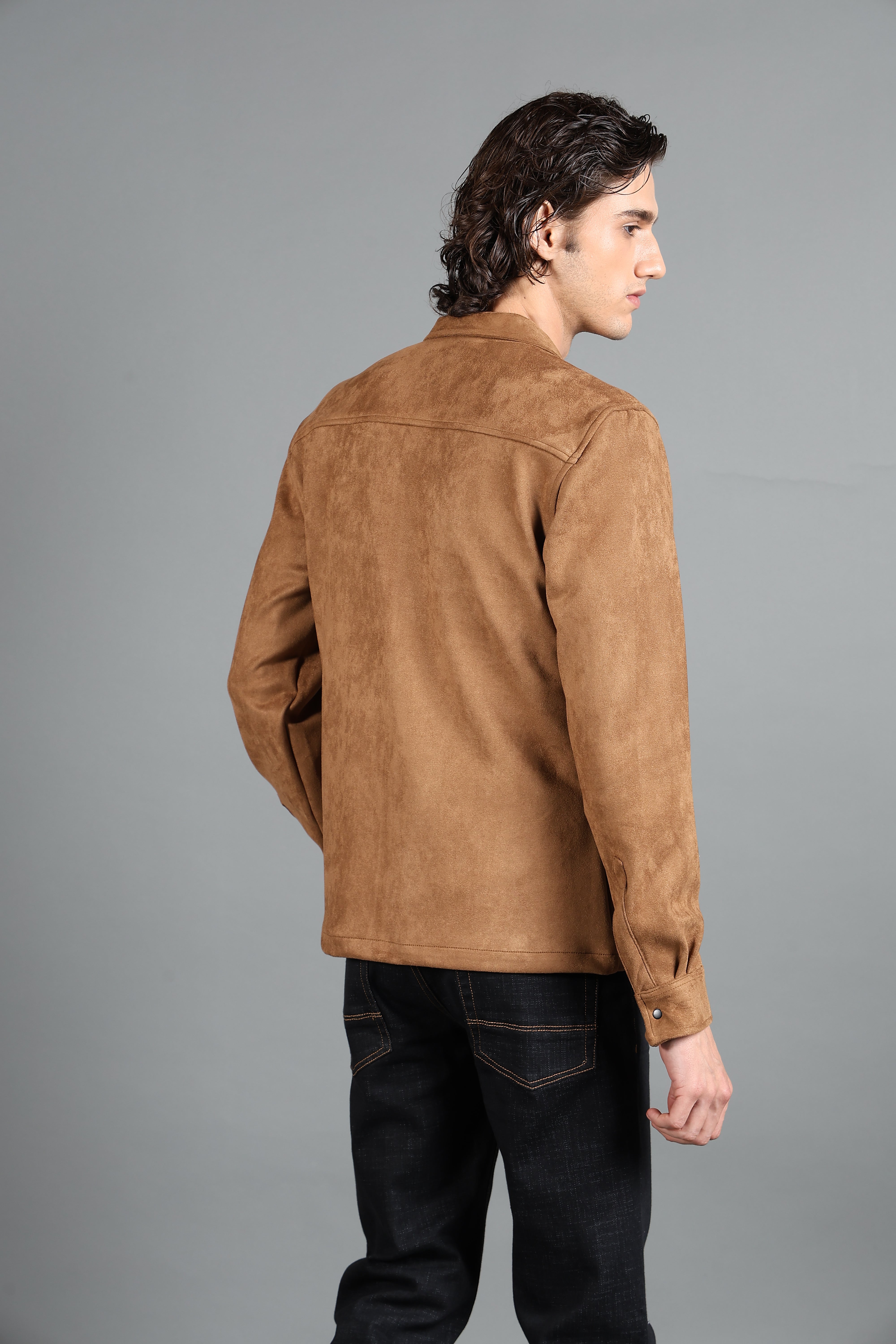 IDENTITI Men Slim Fit Regular Collar Solid Suede Jacket In Khaki