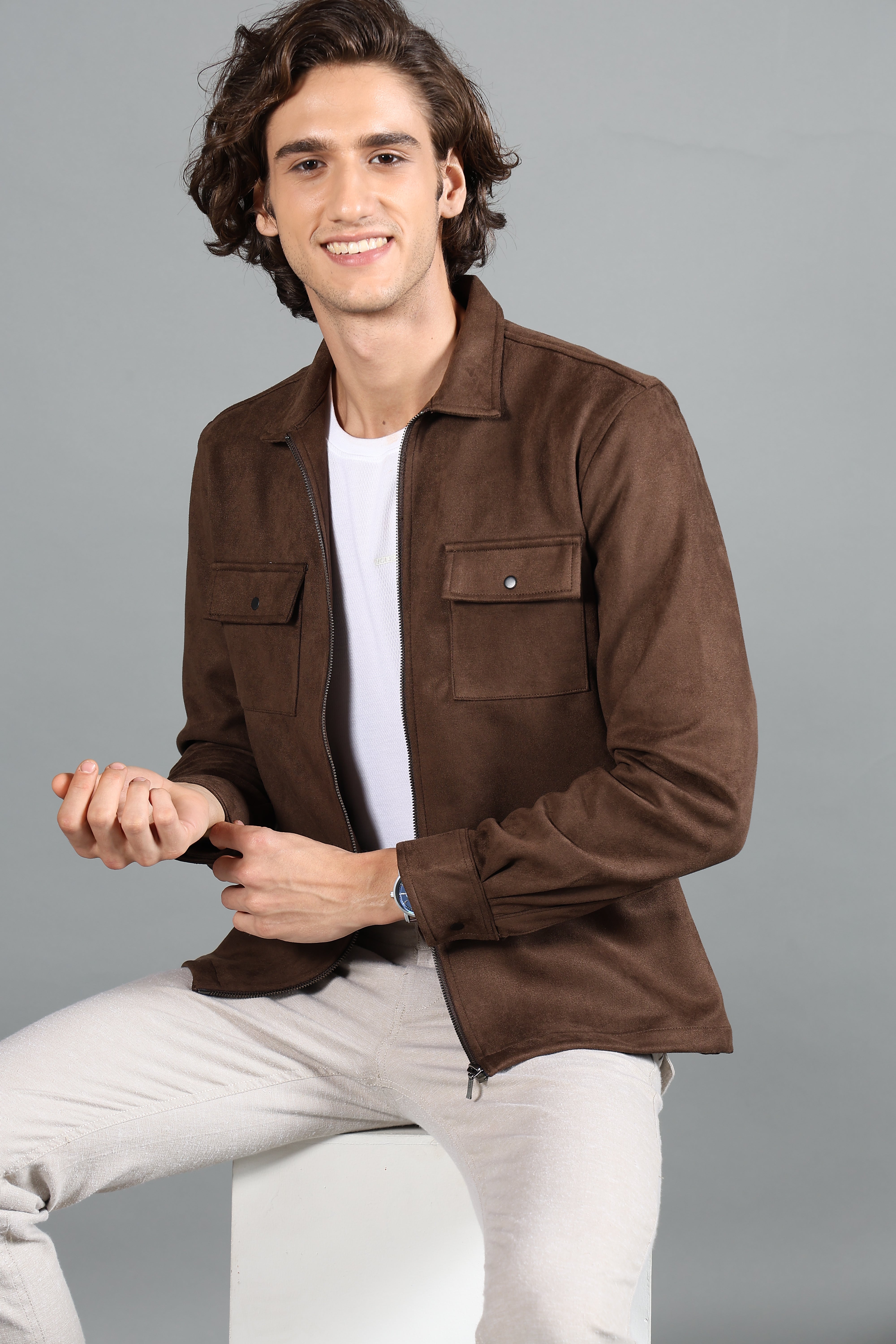 IDENTITI Men Slim Fit Regular Collar Solid Suede Jacket In Brown