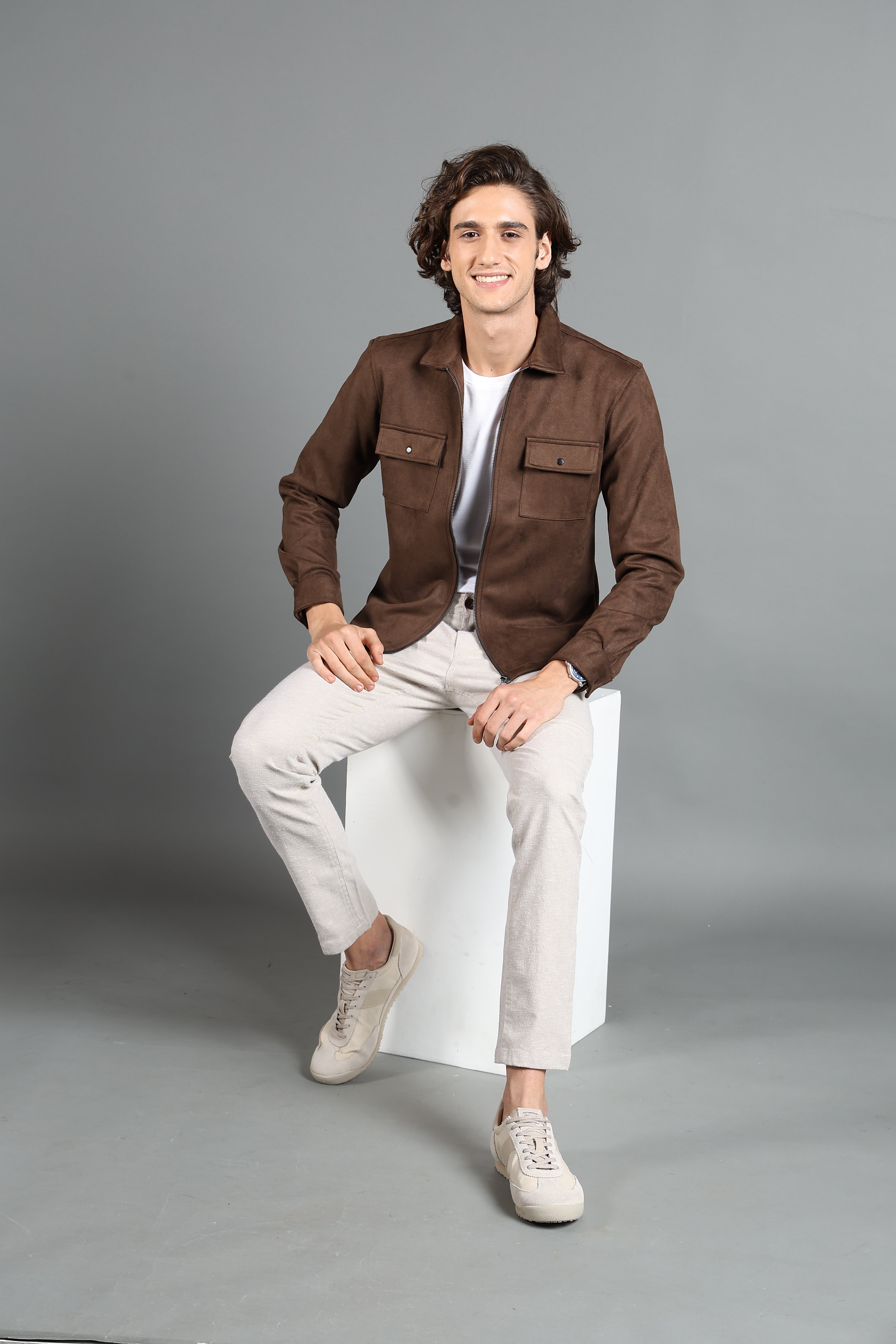 IDENTITI Men Slim Fit Regular Collar Solid Suede Jacket In Brown