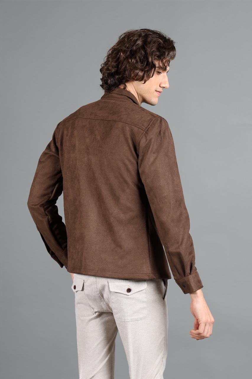 IDENTITI Men Slim Fit Regular Collar Solid Suede Jacket In Brown