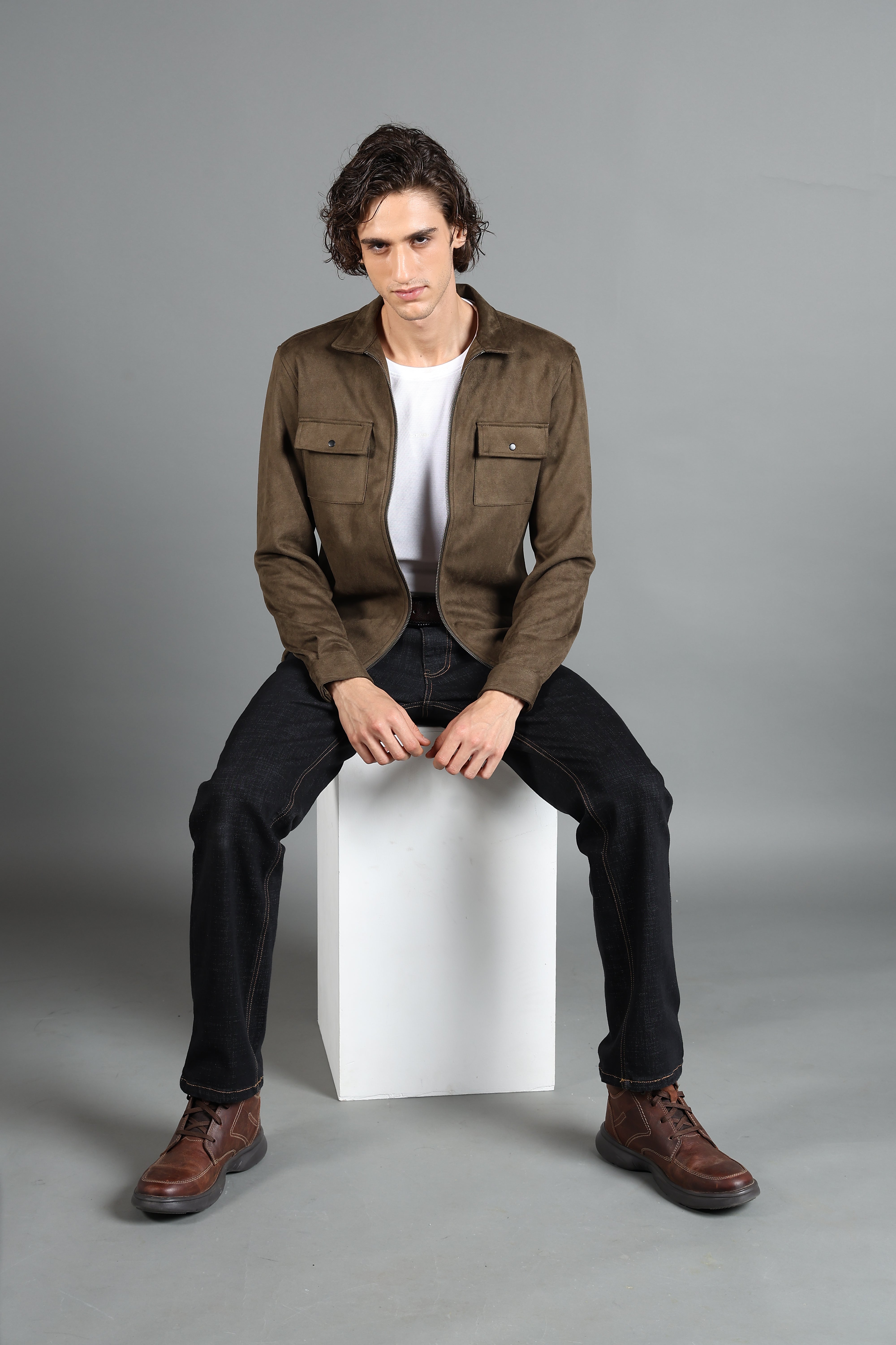 IDENTITI Men Slim Fit Regular Collar Solid Suede Jacket In Olive Green.