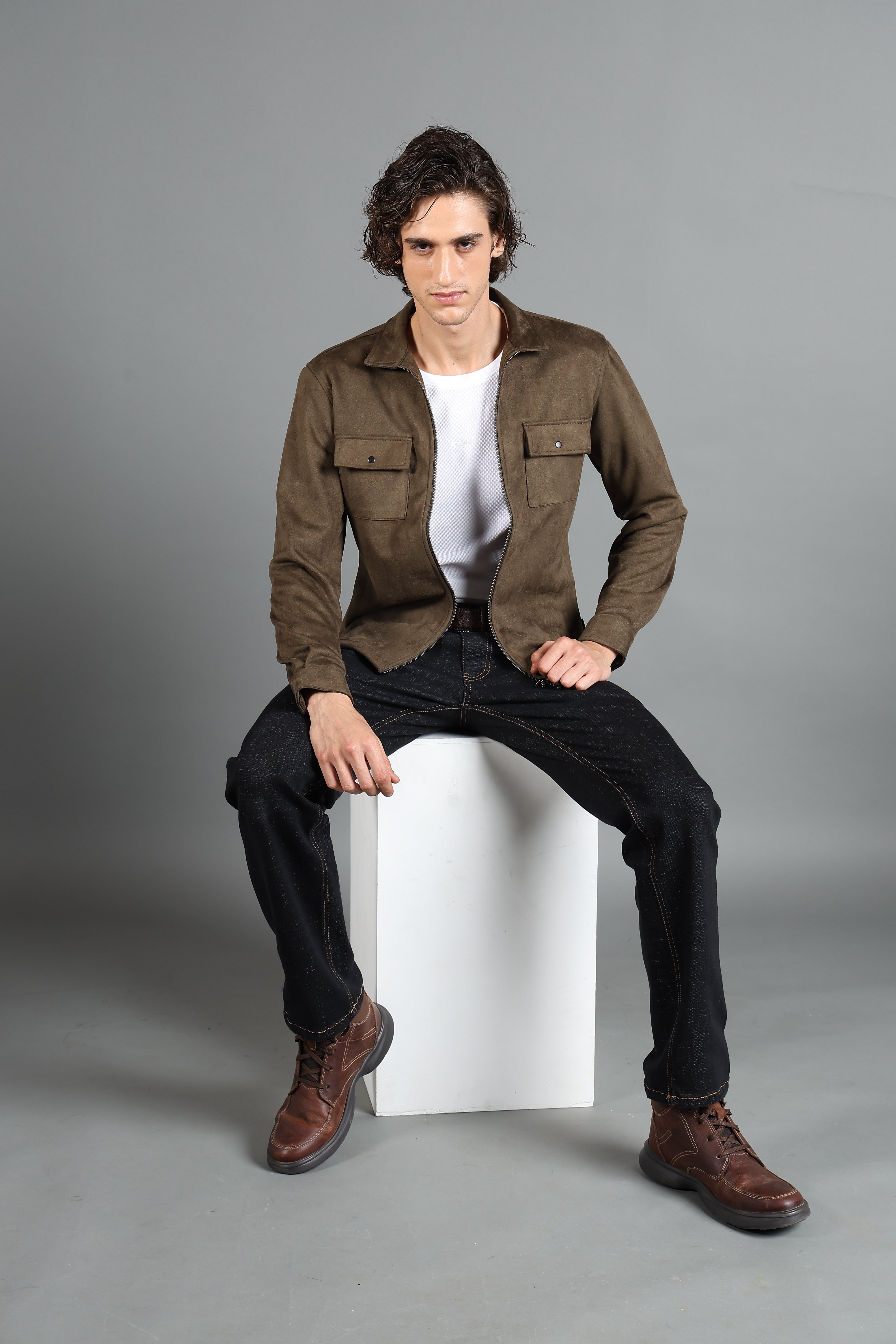 IDENTITI Men Slim Fit Regular Collar Solid Suede Jacket In Olive Green.