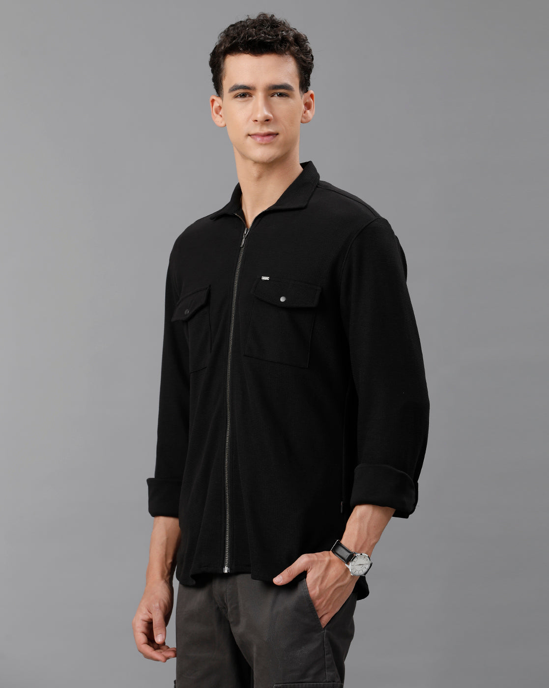 IDENTITI Men Slim Fit Regular Collar Solid Knit Shacket In Black.