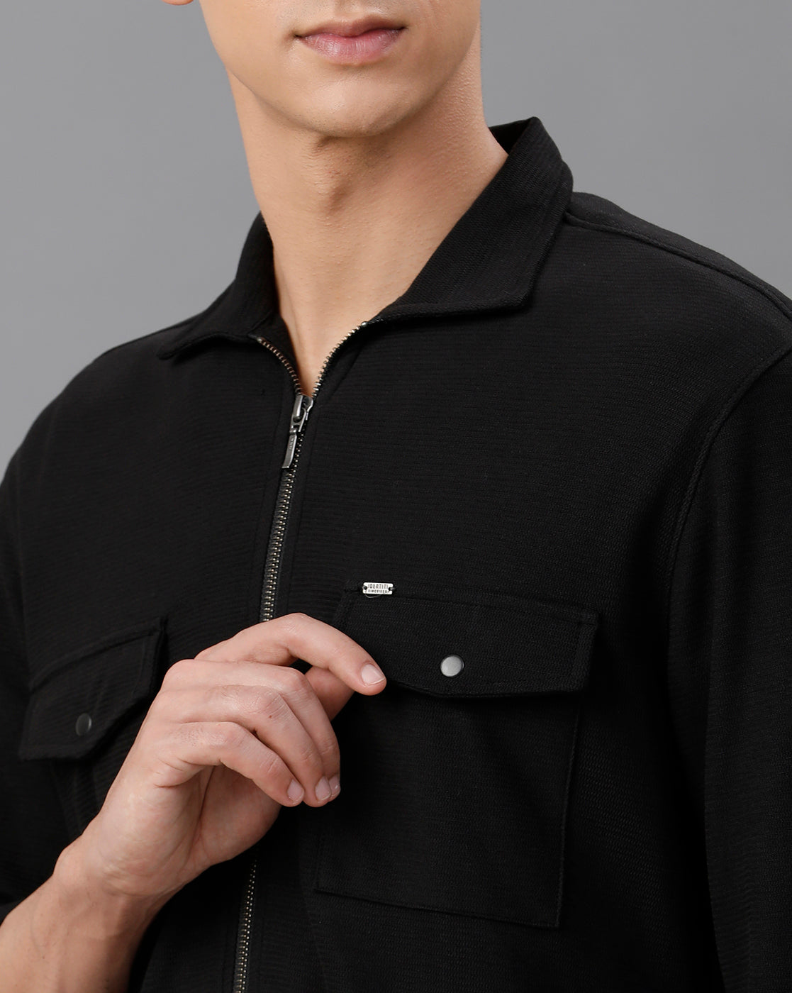 IDENTITI Men Slim Fit Regular Collar Solid Knit Shacket In Black.