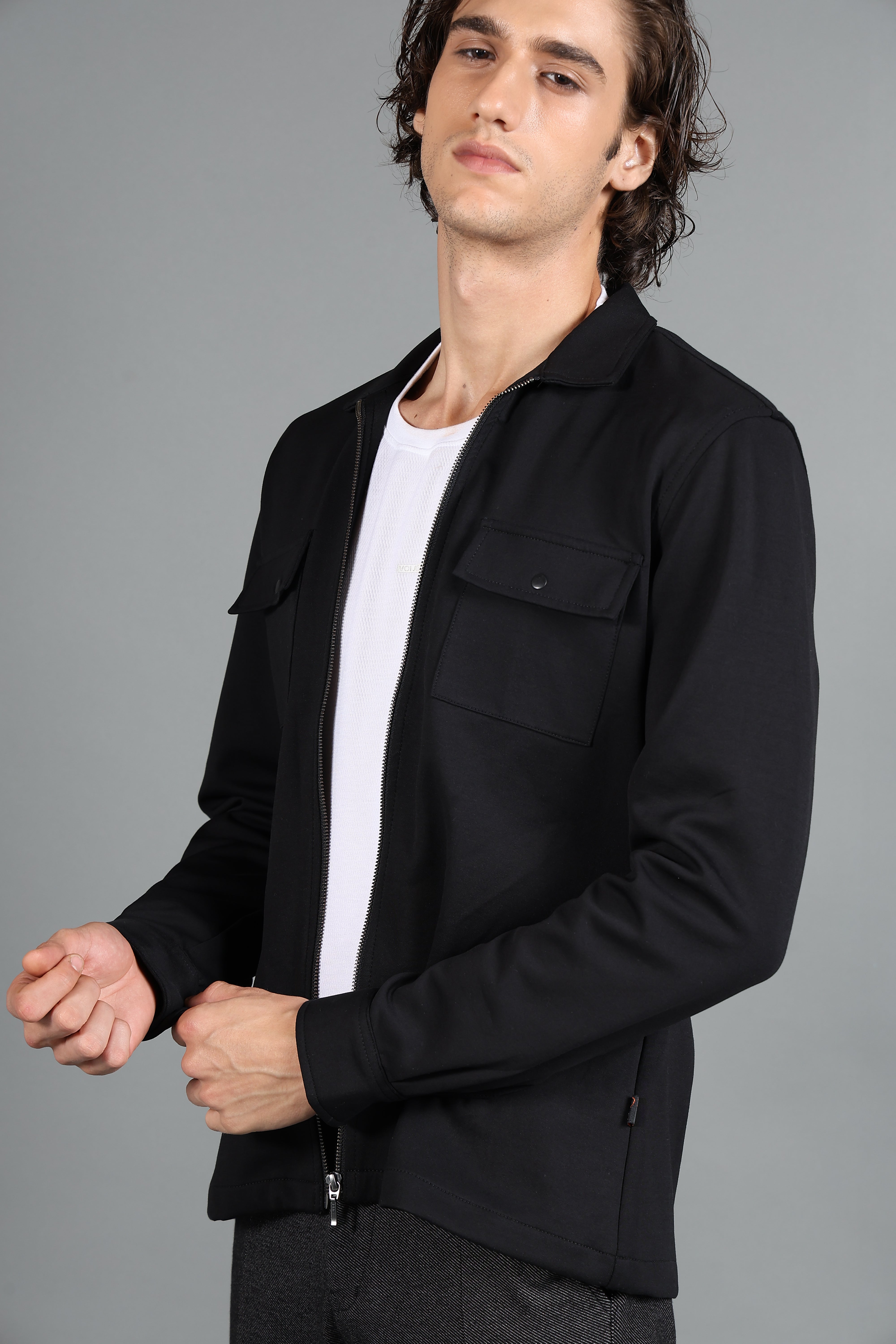 IDENTITI Men Slim Fit Regular Collar Solid knit Jacket In Black.