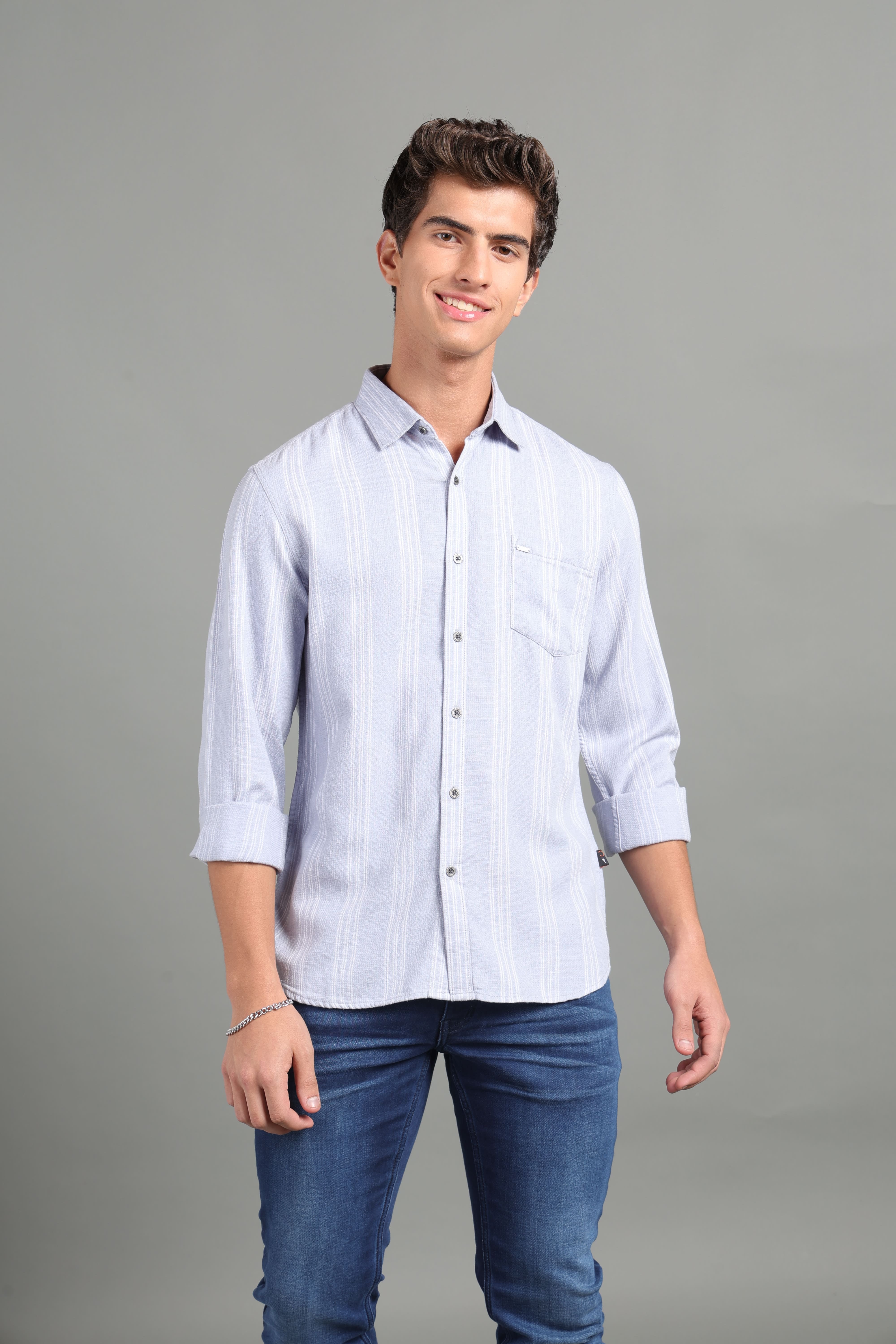 IDENTITI Men Slim Fit Regular Collar Striped Shirt In Grey.