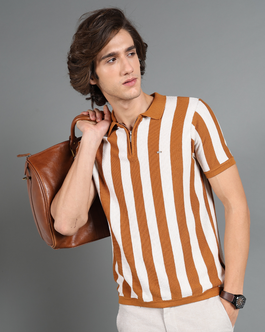 IDENTITI Brown Half Sleeve Striped Slim Fit Cotton Casual Polo T-Shirt For Men.