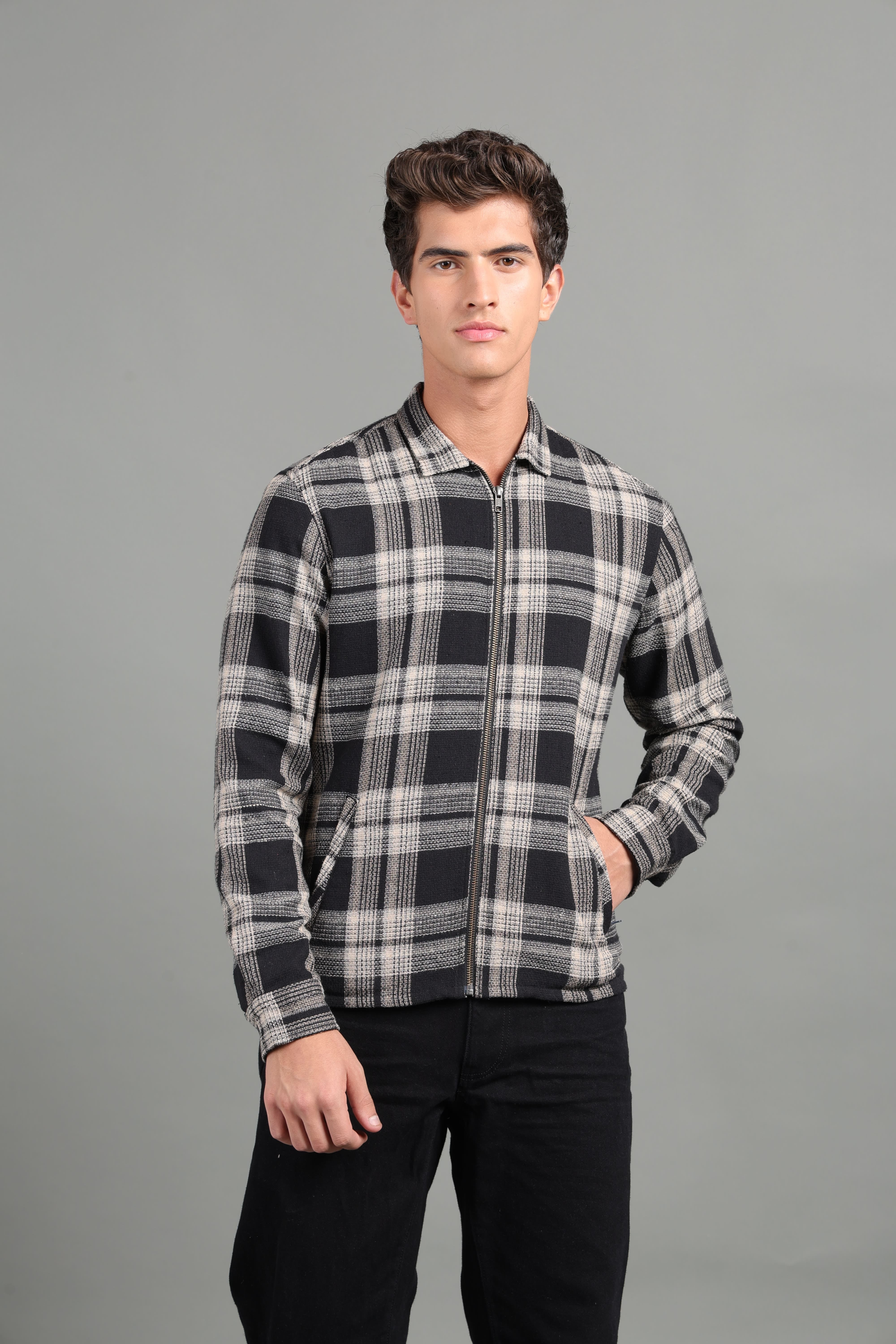 IDENTITI Men Slim Fit Regular Collar Checkes Jacket In Black.