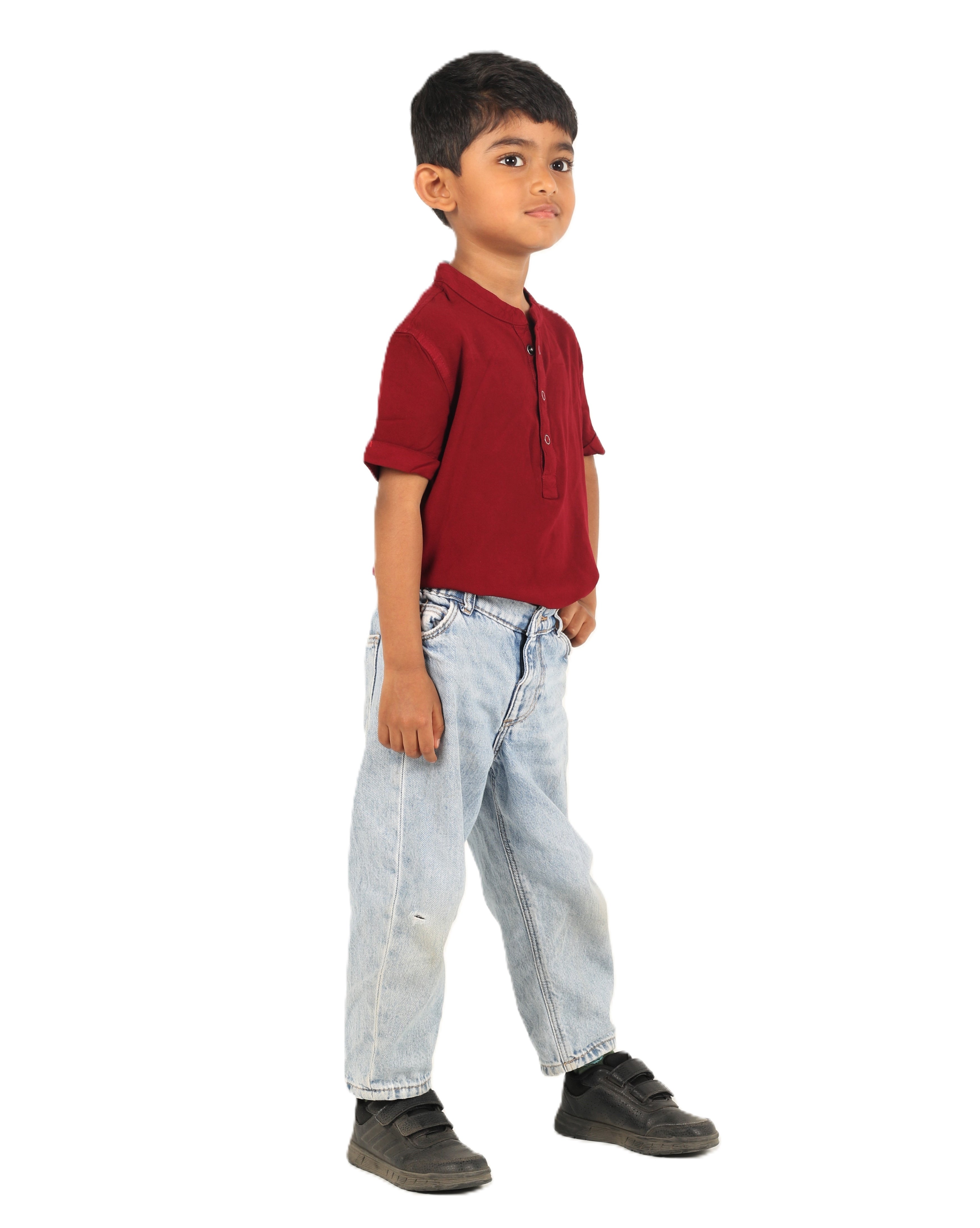IDENTITI Boys Slim Fit Mandarin Collar Solid Shirt In Maroon.