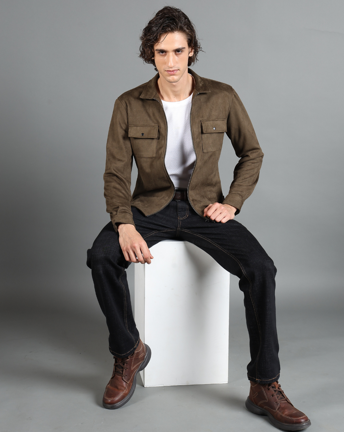 IDENTITI Men Slim Fit Regular Collar Solid Suede Jacket In Olive Green.